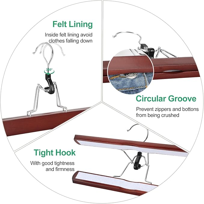 TOPIA HANGER 12 Pack Wooden Pants Hangers, Hair Extension Hangers Non Slip Skirt Hanger Wood Clamp with Velvet Padded 360° Swivel Hook for Jeans, Skirts, Trousers, Wigs Cherry CT67M