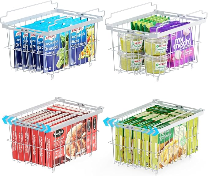 iSPECLE Freezer Organizer Bins - 4 Pack Adjustable Width for 5 to 7 Cu.Ft Chest Freezers, Stackable Wire Storage Baskets for Deep Freezer Organization, Assembly Required, White