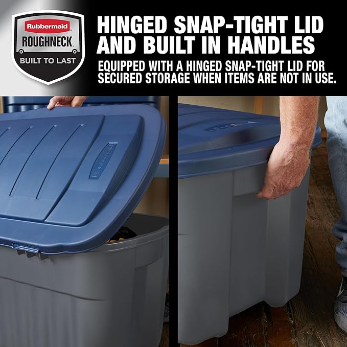 Rubbermaid Roughneck️ 40 Gallon Storage Totes, Pack of 2, Durable Stackable Storage Containers with Hinged Lids, Nestable Plastic Storage Bins for Tools, Toy Storage, Grey and Dark Indigo Metallic