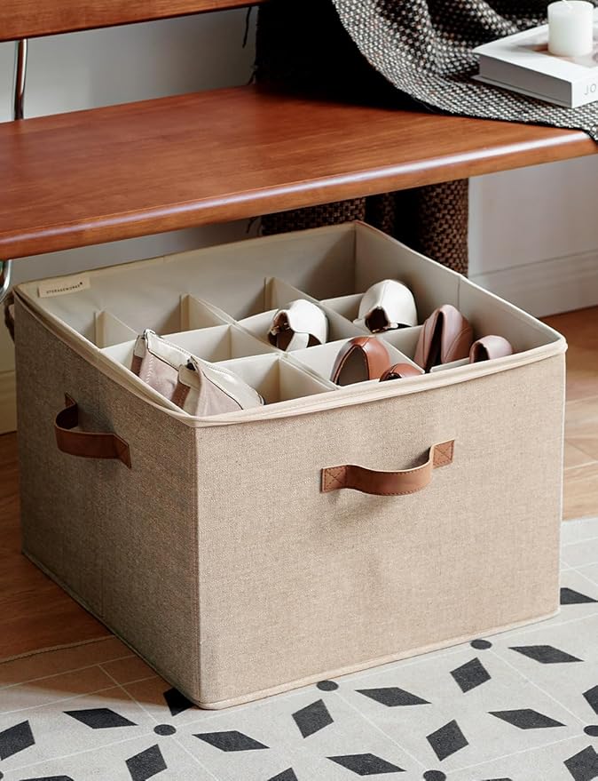 StorageWorks Shoe Organizer for Closet, Fits up to 16 Pairs, Shoe Cubby Storage Containers with Adjustable Dividers and Clear Cover, Taupe | Fits up to 16 Pairs, Clear Cover
