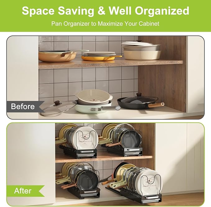 Pots and Pans Organizer Under Cabinet with Drain Board, Pull-out Expandable Pot Lid Organizer inside Cabinet Holder with 10 Adjustable Compartment, Rack for Cutting Board, Black (Pack of 2)