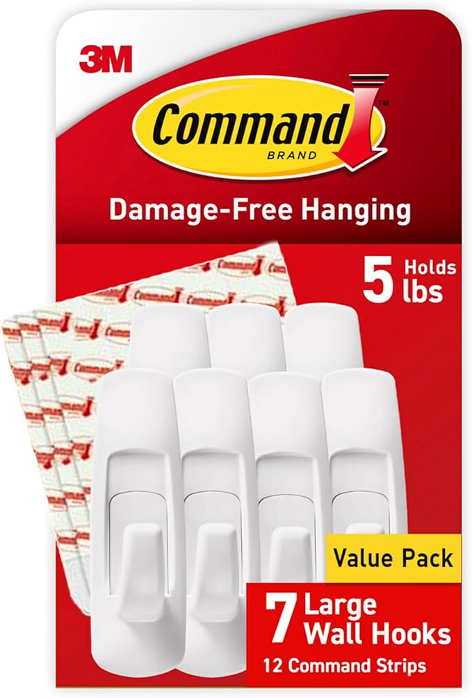 Command 5 lb Large Utility Hooks, 7 Hooks and 12 Strips, Damage-Free Hanging Wall Hook with Adhesive Strips, No Tools Required, Great for Home Kitchen Office Organization | 12-Strips, Organize, Damage-Free