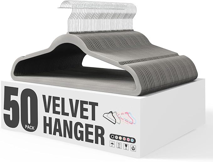 YSSOA Velvet Hangers 50 Pack, Non-Slip Clothes Hangers with Shoulder Notches, 360° Swivel Hooks, Heavy Duty Standard Hanger for Closet Space Saving, Grey