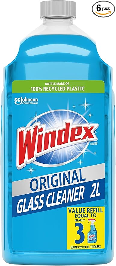 Windex Refill Glass and Window Cleaner Bottle, Bottle Made from 100% Recycled Plastic, Surface Cleaning Spray, Original Blue Scent, 2L (67.6 Fl Oz) (Pack of 6)