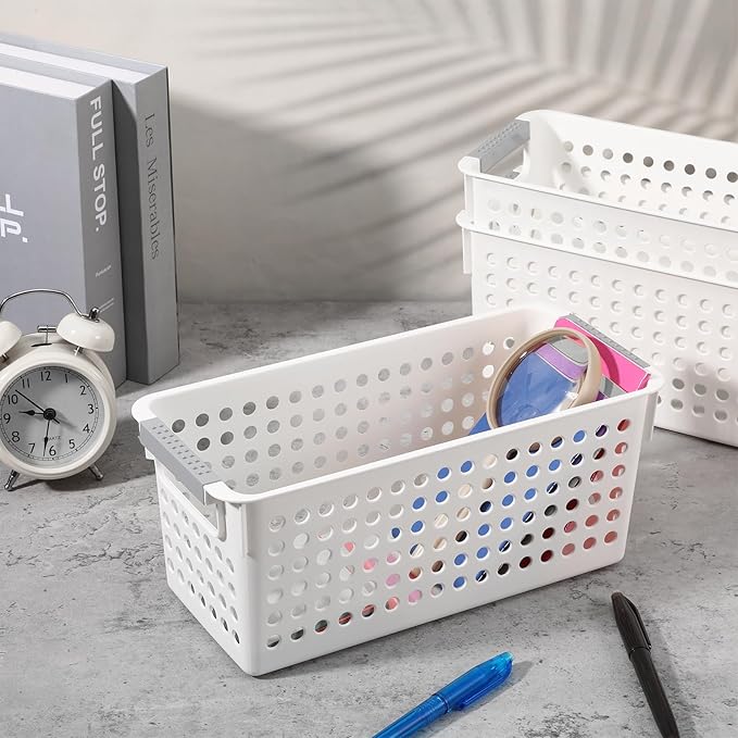 4 Pack Slim Plastic Storage Baskets with Handles,White Rectangular Small Plastic Baskets,Narrow Storage Bins for Organizing, Kitchen,Home,Office