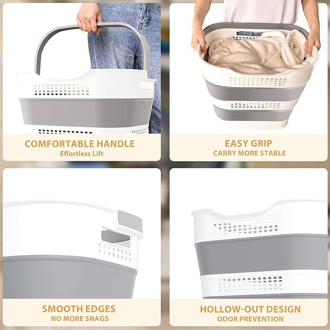 OOAMBB 43L(11.5Gallon) Collapsible Laundry Basket with Handles, Foldable Laundry Basket Plastc,Pop Up Tall Storage Container/Organizer/Clothes Hamper for Laundry (Grey,1 Pack)