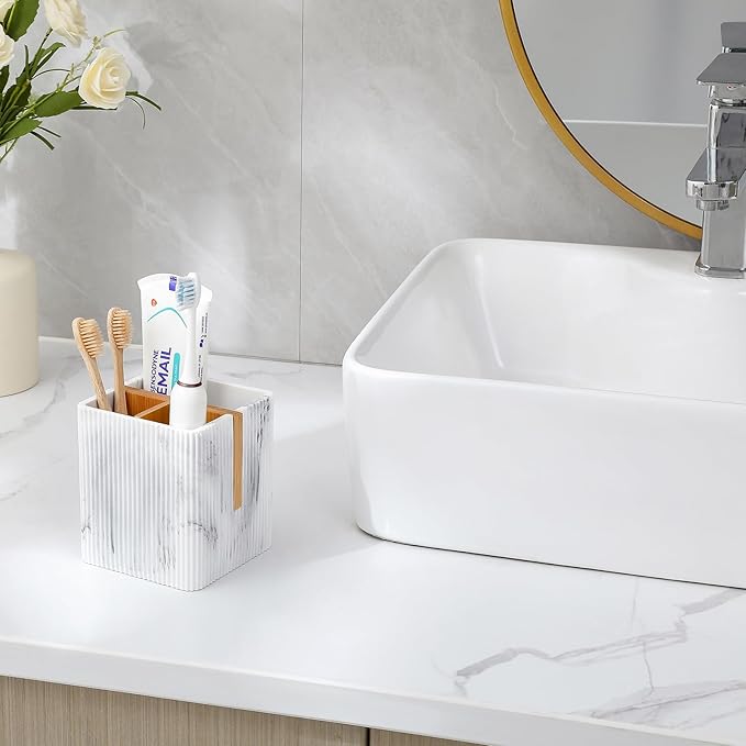 rejomiik Toothbrush Holders for Bathrooms Countertop, 3 Slots Electric Tooth Brushing and Toothpaste Storage Organizer Stand for Toiletries and Beauty Accessories, Marble White
