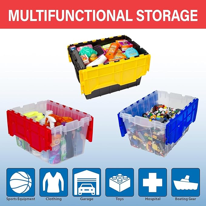 Akro-Mils KeepBox 12 Gallon Storage Container, Nesting and Stackable Plastic Storage Box with Lid Attached, Clear Tote for Garages, Closets, and Moving, 21-1/2" x 15" x 12-1/2", Clear/Blue