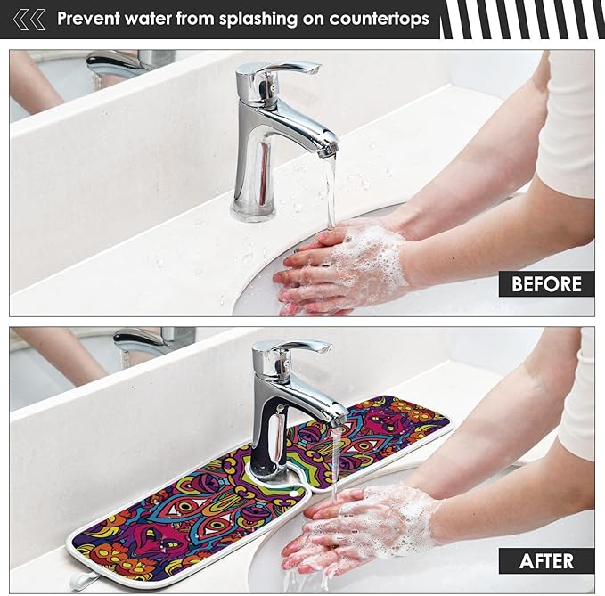 Sink Faucet Absorbing Mat Kitchen Sink Splash Guard Splash Faucet Drip Catcher for Bar RV Bathroom 2PCS 14.9x5.5in Mandala Pattern Purple and Orange