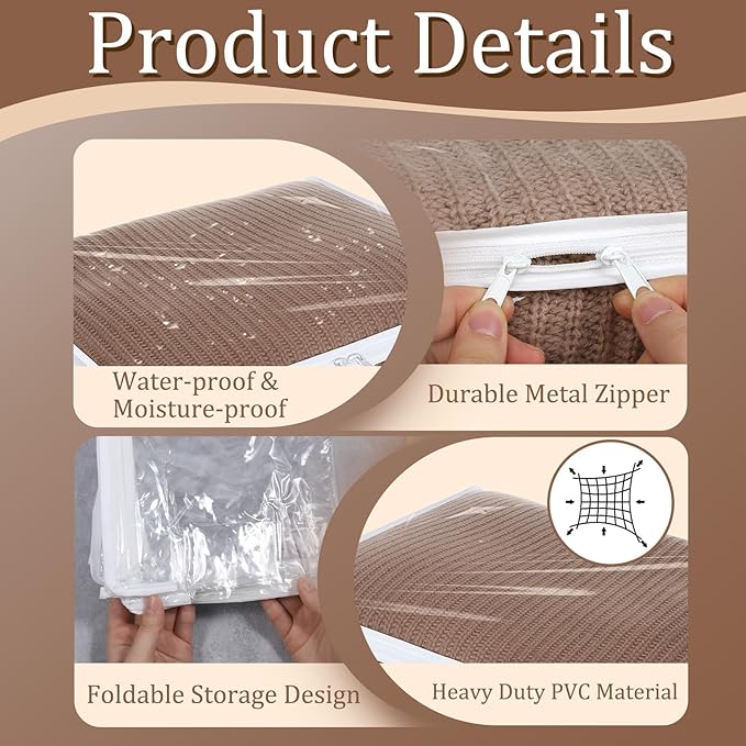 10 Packs Clear Zippered Storage Bags Durable Plastic Sweater Clothing Organizer Under Bed Closet Containers Bins for Blankets Clothes Bedsheets Pillows Comforter Quilt (15.7 x 13.8 x 3.9 Inch)