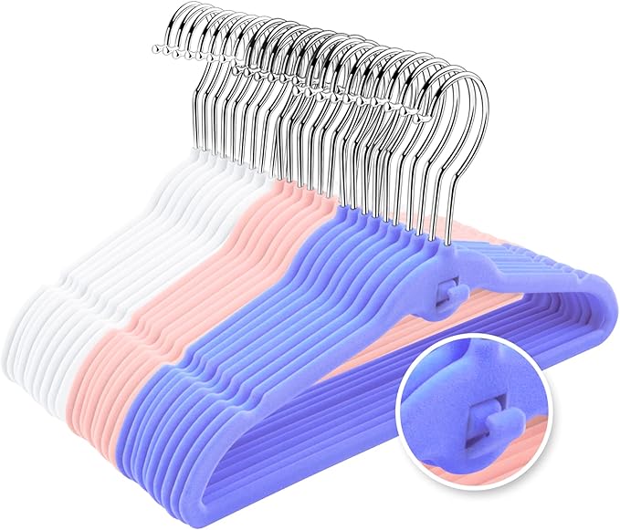 Pack of 30 Kids Velvet Hangers, Non-Slip Space-Saving with Cascading Mini Hooks, Multi-Color (Pink, Lavender, White) Baby and Toddler Clothes Organization