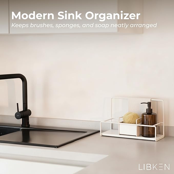 Kitchen Sponge Holder with Drying Stone – Warm Grey Powder Coated Metal Sink Caddy – Minimal Scandinavian Design Sponge Rack for Kitchen Sink Organization & Elegant Countertop Storage