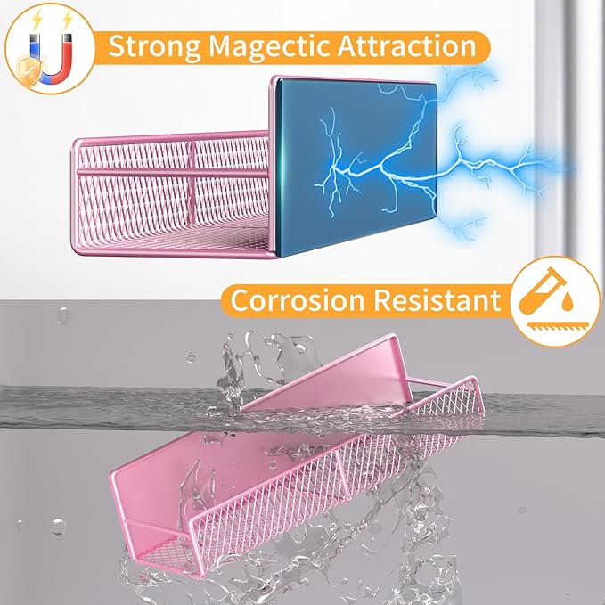 Magnetic Spice Rack for Refrigerator, 4 Pack 100% Metal Strong Magnet Fridge Shelves, Space Saving Spice Organizer, No Drilling Moveable Home Kitchen Laundry Room Storage Organization, Pink