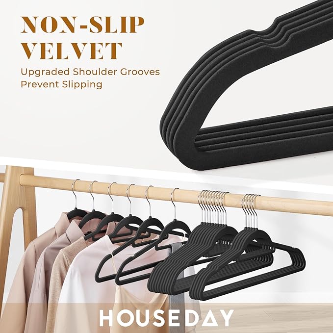 HOUSE DAY Velvet Hangers 60 Pack, Non-Slip Hangers with Tie Bar, Premium Slim Clothes Felt Hanger Standard Hanger 360° Swivel Hook for Closet Organized Storage，Elegance Black