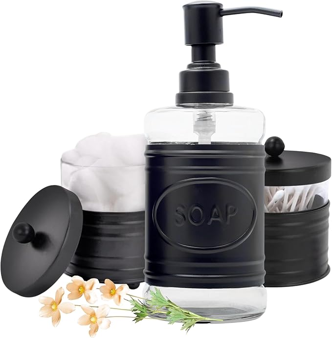Autumn Alley Adorable 3 Piece Modern Farmhouse Bathroom Accessory Set for Sink/Vanity - Matte Black Soap Dispenser, Cotton Ball Container with Lid, Qtip Organizer – Rustic Farmhouse Bathroom Decor