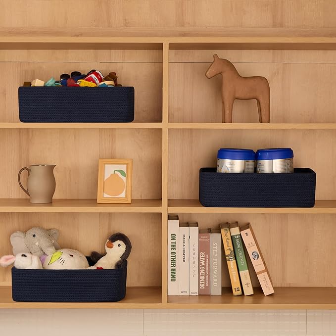 Large Shallow Organizing Baskets 15x11x5.1 Inches - Rope Woven Storage Bins for Bathroom, Shelves, Cube Closet, Navy Blue 4 Packs
