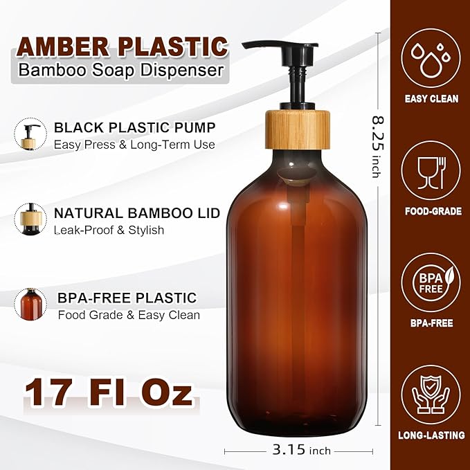 Amber Soap Dispenser Plastic, Brown Dish Soap Dispenser with Bamboo Pump for Kitchen,17 Fl Oz Hand and Dish Dispenser Set for Bathroom, Farmhouse Liquid Soap and Lotion Dispensers Bottle