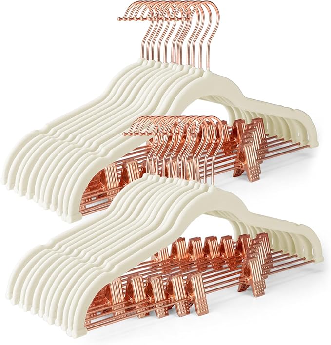HOUSE DAY Velvet Skirt Hangers 24 Pack, Non Slip Pants Hangers with Rose Gold Clips, Slim Hanger with Clips, Velvet Clip Hanger for Jeans, Trouser, Dresses, Coats (Ivory)
