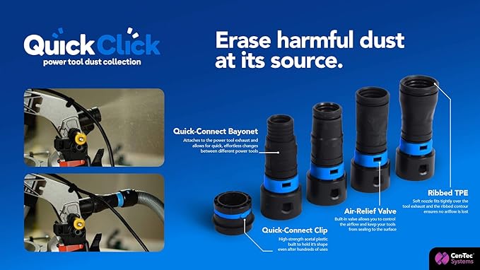 Cen-Tec Systems 94720 Quick Click 20 Ft. Hose for Home and Shop Vacuums with Expanded Multi-Brand Power Tool Adapter Set for Dust Collection