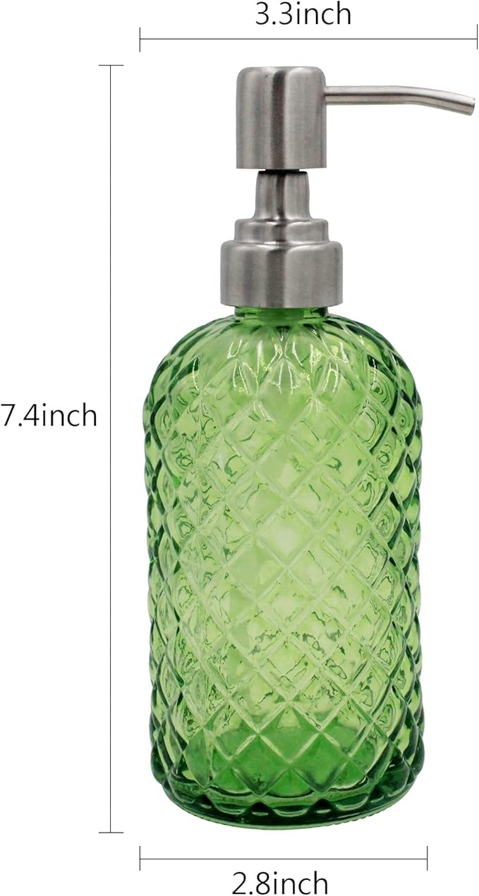 16 oz Diamond Pattern Glass Soap Dispenser, Kitchen and Bathroom Refillable Soap Dispenser with Rust Resistant Stainless Steel Pump for Hand Soap, Lotion Glass Liquid Dispenser(Green)