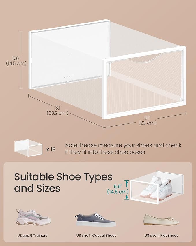 SONGMICS Shoe Boxes, Shoe Storage Organizers Rack for Closet, Plastic Stackable Sneaker Containers Case, 18 Pack, Transparent and Cloud White ULSP318W01