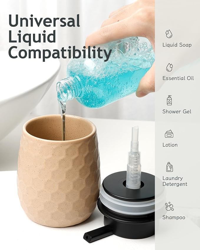 Soap Dispenser, 12OZ Ceramic Liquid Hand Soap Dispenser with Honeycomb Design for Kitchen or Bathroom, Khaki Refillable Dish Lotion Dispenser, ANTIS'S HOME
