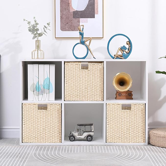 Vagusicc Wicker Storage Basket, Set of 2 Hand-Woven Paper Rope Storage Baskets, Foldable Cube Storage Organizer Bins, 11 Inch Wicker Storage Baskets for Shelves and Decor, Square Storage Basket, Beige
