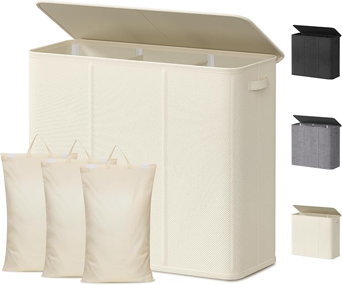 Lifewit Triple Laundry Hamper with Lid and Removable Laundry Bags, Large Collapsible 3 Dividers Dirty Clothes Basket with Handles for Bedroom, Laundry Room, Closet, Bathroom, College, 180L White