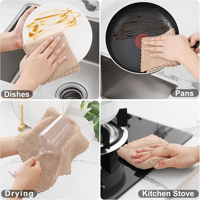 Homaxy 12 Pack Kitchen Dish Cloths (10 x 10 Inches, Tan), Super Soft and Absorbent Coral Velvet Dish Towels, Nonstick Oil Fast Drying Microfiber Cleaning Cloth, No Lint Household Dishcloths