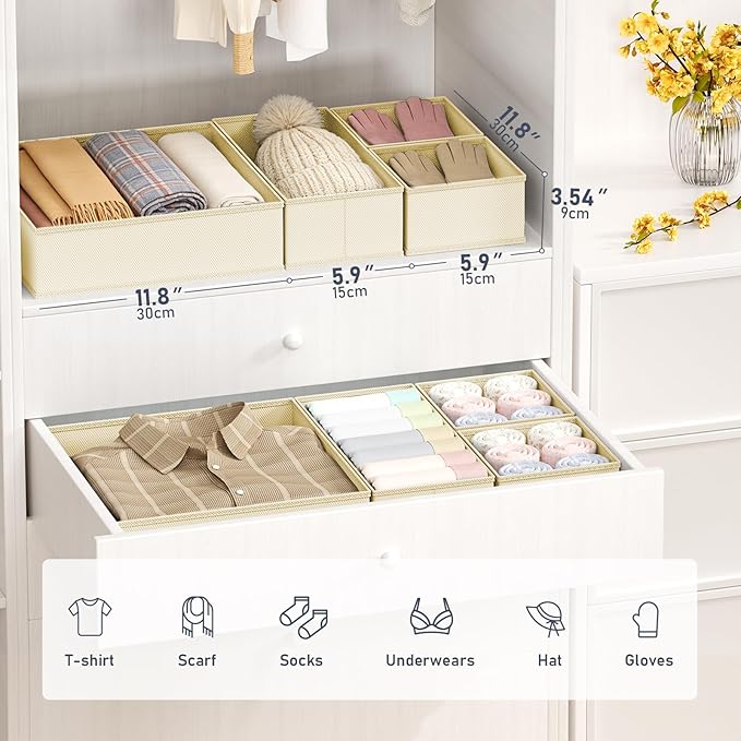 DIMJ Drawer Organizer Clothes, 26 Pack Dresser Organizer, Foldable Closet Organizers and Storage, Fabric Dresser Bins, Drawer Dividers for Nursery, Baby Clothes, Underwears, Sock,Beige