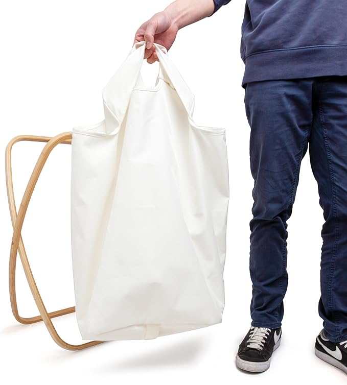 QUALIAZERO 72L Bamboo X-Frame Laundry Hamper – Foldable Single Section Clothes Basket with Removable Bag & Bottom Handle, Ideal for Bathroom, Bedroom, or Dorm (FEATHER CREAM, X-FRAME)
