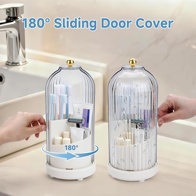Johehe Toothbrush Organizer with Cover,3 Slots for Bathroom Toothbrush Holders with Lid,Dustproof Design,Rotating Holder,Ideal Makeup Brushes Holder for Bathroom Countertop Organization and Storage