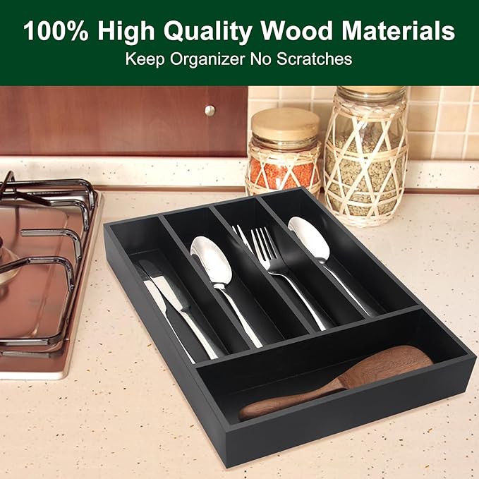 Ayiaren Small Kitchen Silverware Organizer Wooden Utensil Drawer Organizers Narrow Flatware Tray Wood Flatware Organizer for Drawer Spoon Organizer Black Utensil Holder Drawers Bamboo Silverware Tray