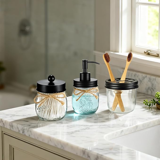 Amolliar Mason Jar Bathroom Accessories Set 4 Pcs -Lotion Soap Dispenser & 2 Qtip Holders & Toothbrush Holder - Rustic Farmhouse Decor, Bathroom Home Decor (Black)