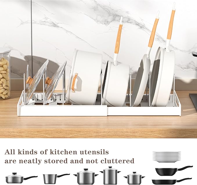 Expandable Pot and Pan Organizer Rack with 7 Stainless Steel Adjustable Shelves, for Neatly Storing Cookware, Pots, Pans, Lid