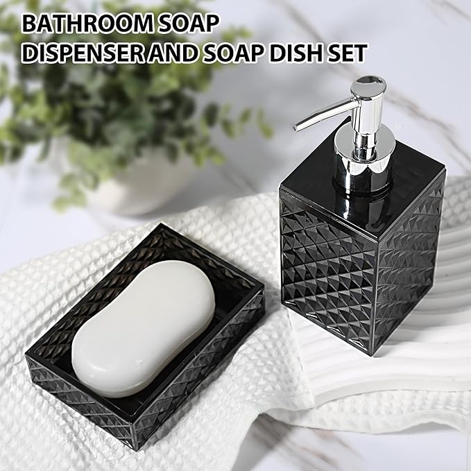 Black Bathroom Accessories Set, 4 Pack Matte Black Bath Accessory Sets Complete, Acrylic Soap Dispenser and Toothbrush Holder Set for Bathroom Counter Sink, Modern Bathroom Decor