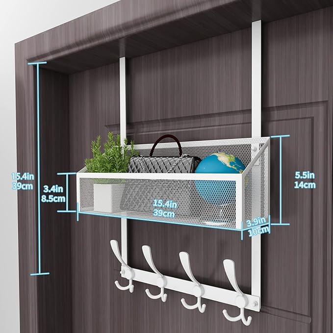 Kaiferty Over The Door Hooks Organizer, Coat Rack Over The Door Storage Hanger Towel Rack, Back of Door Storage Organizer for Bathroom,Bedroom,Kitchen,Office (White, 2-Tier)