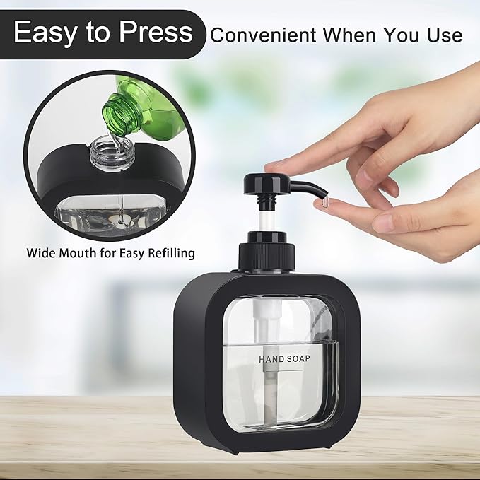 Hand & Dish Soap Dispenser - Modern Plastic Pump with Labels - Black