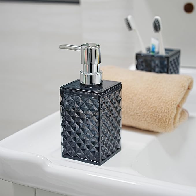 Bathroom Accessories Set, 4 PCS Grey Bathroom Accessory Sets Complete, Diamond Pattern Soap Dispenser and Toothbrush Holder Set,Boho Bathroom Decor, Dark Grey Bathroom Sets Accessories