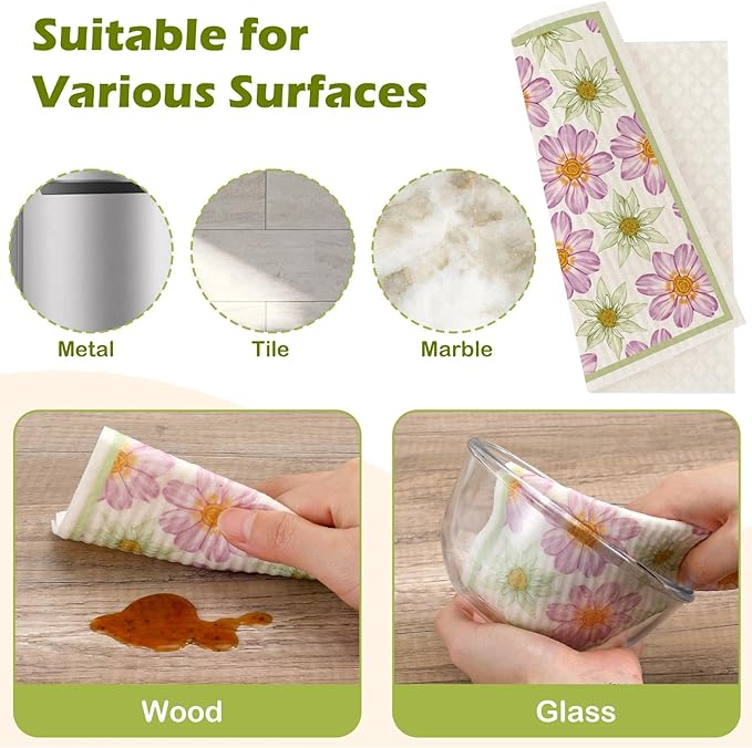 6 Packs Swedish Paper Cloths for Kitchen, Reusable Paper Towels Washable Dish Rags, Highly Absorbent Kitchen Towels Quick Drying Swedish Sponge Cleaning Dish Cloths(Daisy)
