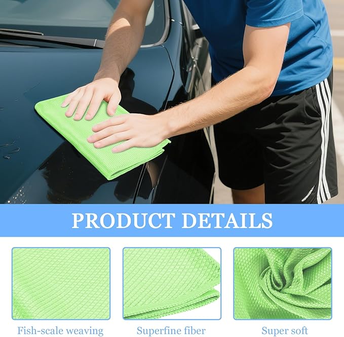 6PCS Microfiber Glass Cleaning Cloth, 12"×24" Fish Scale Cloth for Car Glass & Window Cleaning, Lint-Free Streak-Free, Multi-Purpose Mirror Washing Towels, Car Cleaning Supplies (Green)