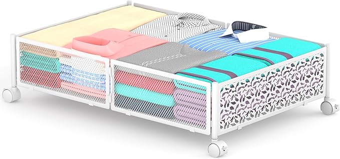 Under Bed Storage With Wheels - 60L Foldable Pattern Carved Metal Container, Rolling Underbed for Shoes, Clothes, Blankets - Easy Assembly