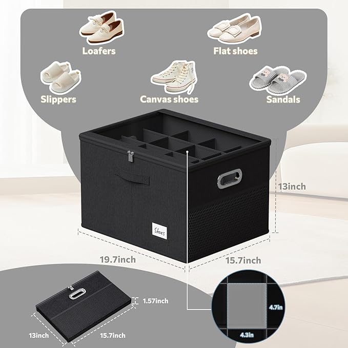 Shoe Organizer for Closet, Large Shoe Box Storage Containers with Clear Window, Space Saving Shoe Bin with Foldable Bottom Support Adjustable Dividers - Fits 16 Pairs (Black, (19.7*15.7*13)x1)