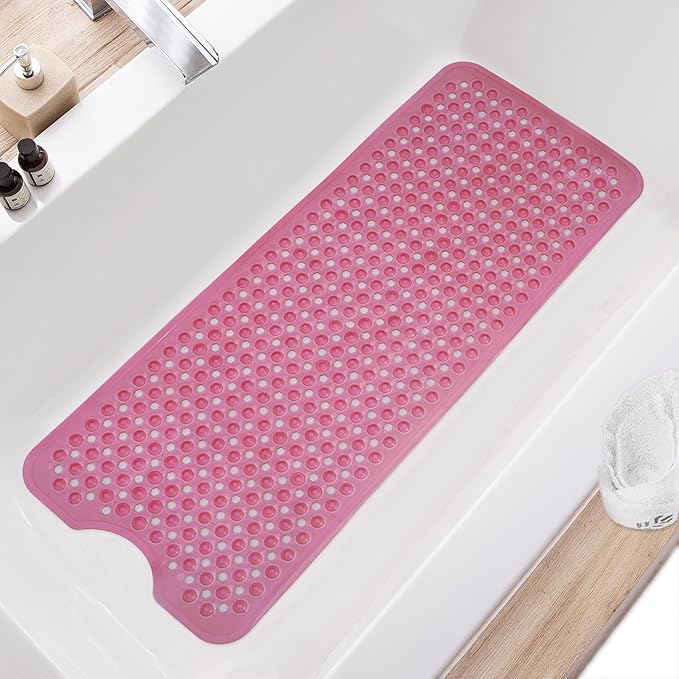 Bath Tub Shower Mat, Non Slip Bathtub Floor Liner Mats with Suction Cups and Drain Holes, Machine Washable Bathmat for Bathroom Floor Safety, 40 x 16 Inch, Clear Burgundy