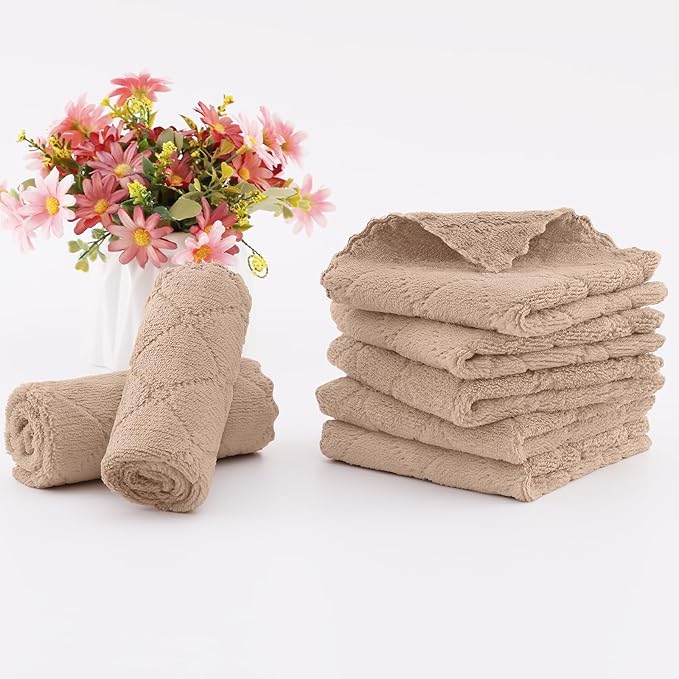 Homaxy 12 Pack Kitchen Dish Cloths (10 x 10 Inches, Tan), Super Soft and Absorbent Coral Velvet Dish Towels, Nonstick Oil Fast Drying Microfiber Cleaning Cloth, No Lint Household Dishcloths