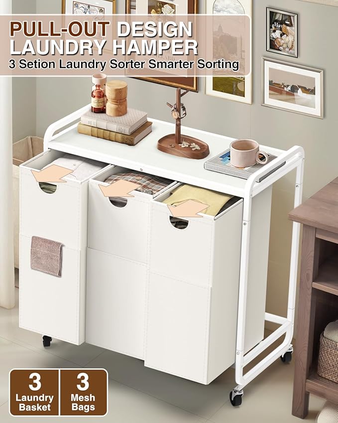 Laundry Sorter 3 Section,Laundry Basket with Wheels,3×15.8 Gal (60L) Laundry Hamper Organizer with Large Wooden Desktop Sorter,Pull-Out and Removable Laundry Bags (Creamy White, 3 Bags - 180L)