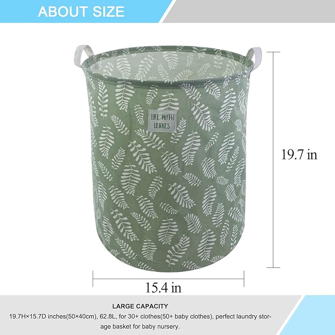 Mziart Large Foldable Laundry Basket Organizer, Collapsible Laundry Hamper Fabric Clothes Toy Storage Basket Nursery Hamper Storage Bin for Household Bedroom, Bathroom, College Dorm (Small White Leaf)