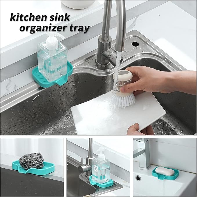 MicoYang Silicone Bathroom Soap Dishes with Drain Spout-Bathroom and Kitchen Sink Organizer,Sponge Holder,Dish Soap Tray,Perfect for Dispenser,Scrubber,Bottle,Cup on Sink or Counter-Mint 4.9"×3.2"