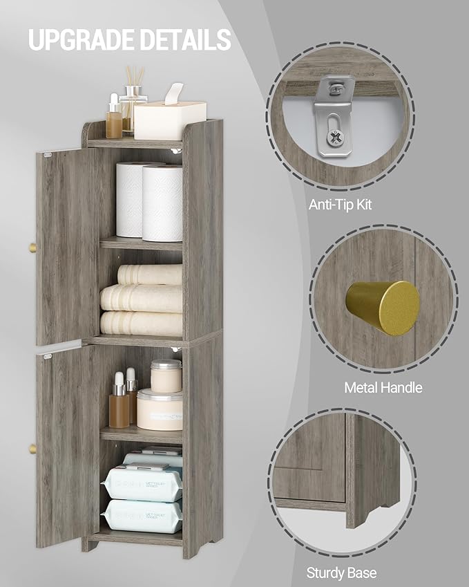 Bathroom Storage Cabinet, Small Corner Floor Cabinet with 2 Doors and Adjustable Shelf, Narrow Toilet Paper Cabinets, Bathroom Organizer for Small Spaces, 7.9" D x 7.9" W x 29.5" H Greige