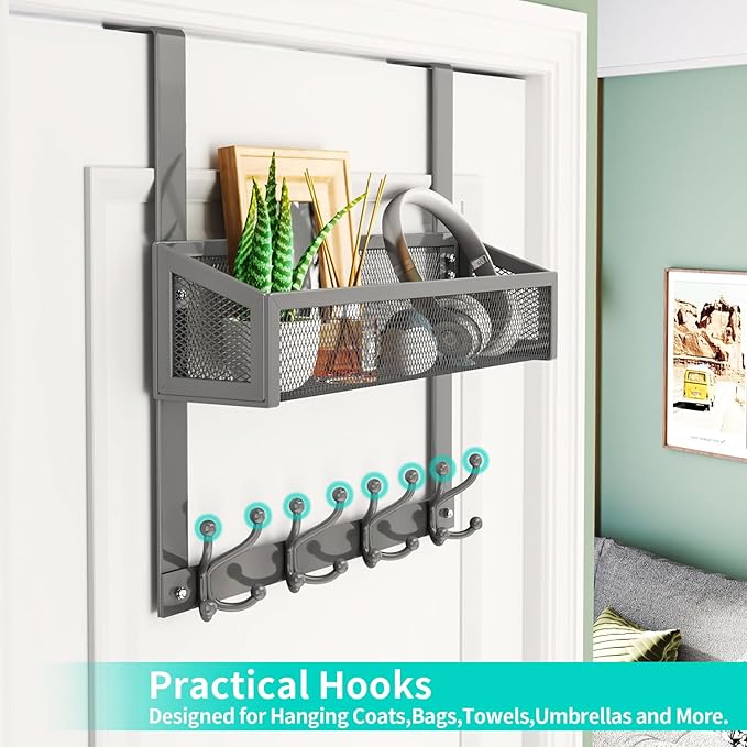 HapiRm Over The Door Hooks - Easy Installation Door Hanger with Basket and 16 Hooks, 304 Stainless Steel Storage Organizer for Towels, Coats, Bathroom, Kitchen, Dorm-Grey